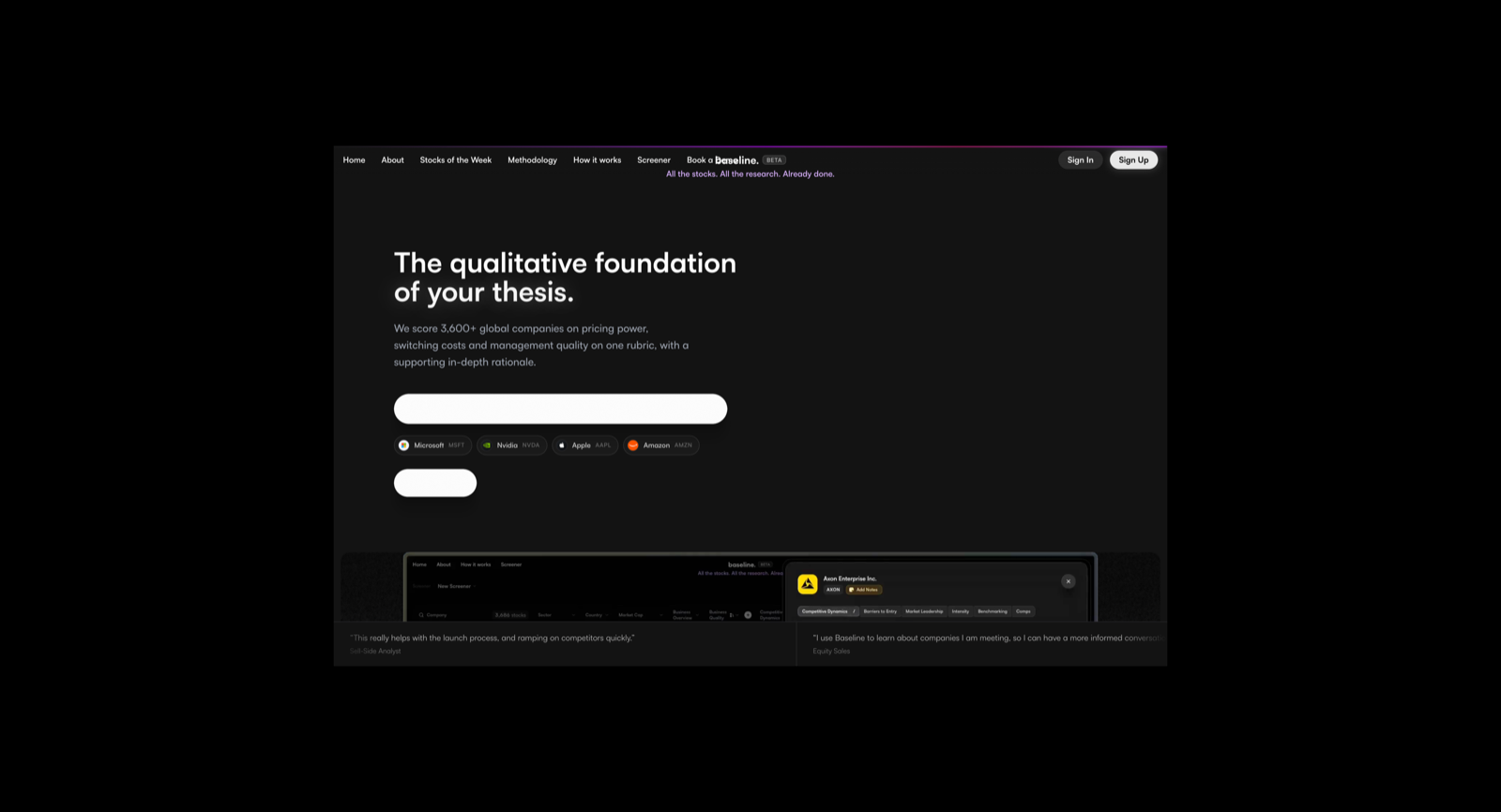 Baseline — the qualitative foundation of your thesis, with company search and screener