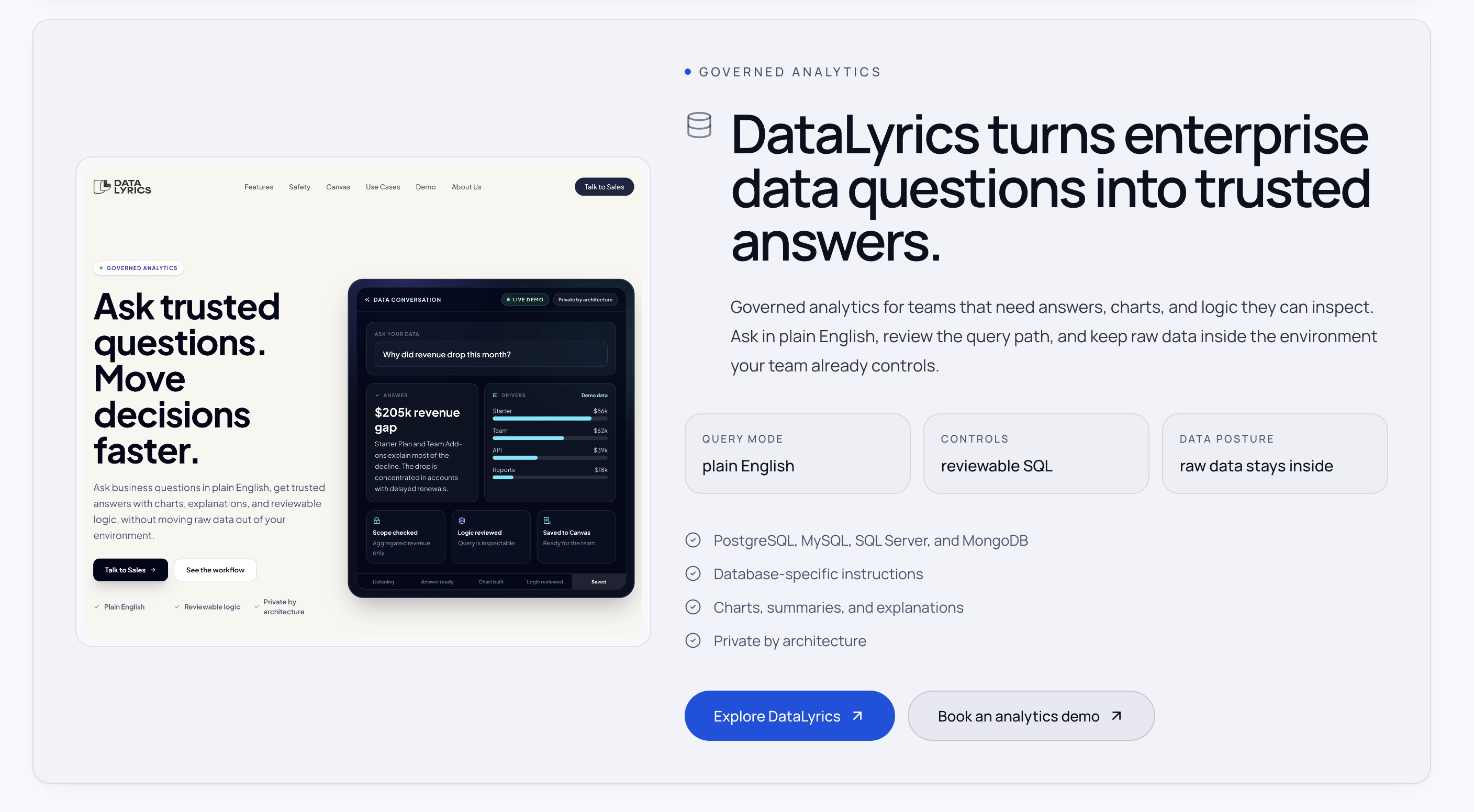 DataLyrics governed analytics platform with a plain-English data question and reviewable answer