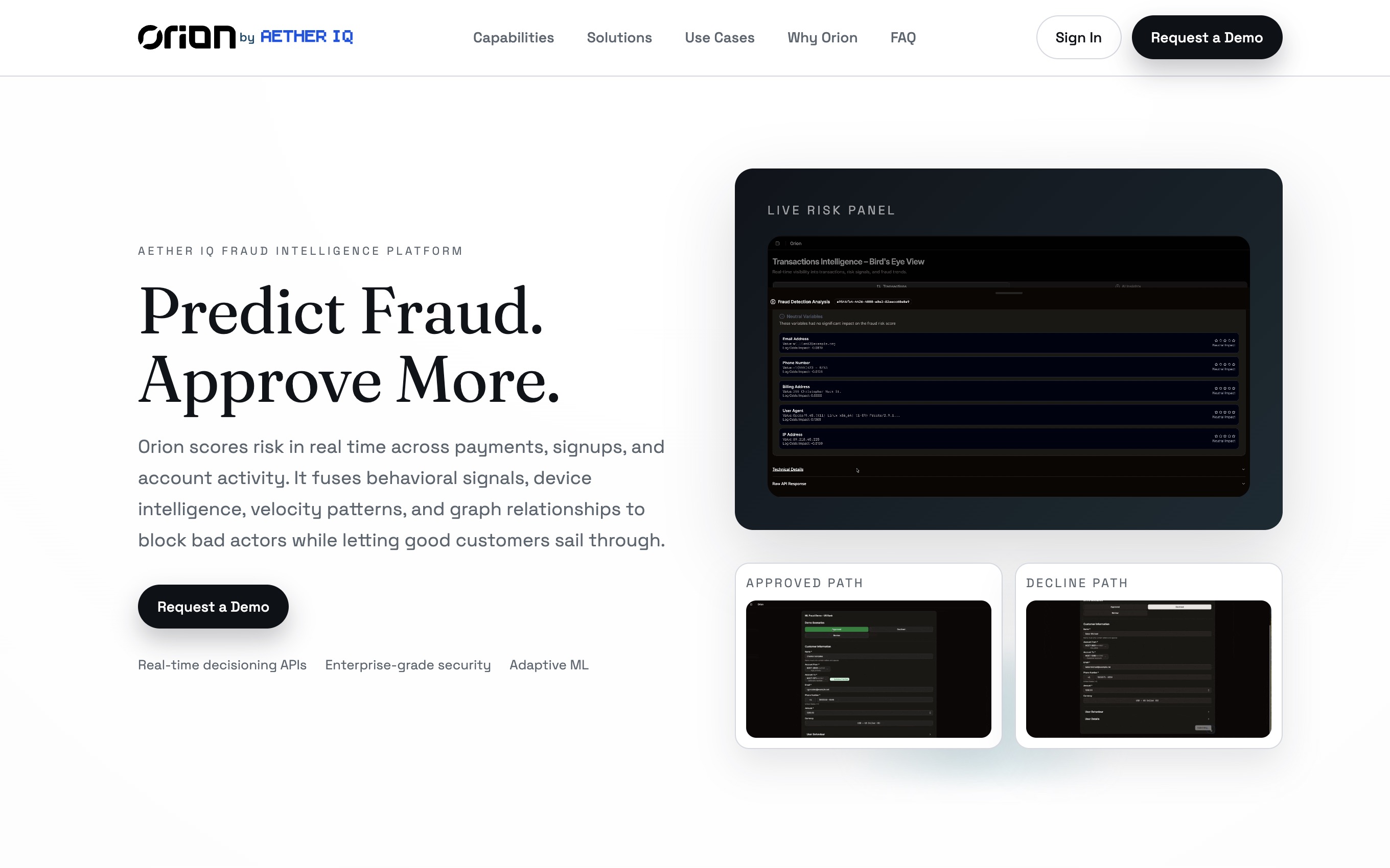 Orion fraud intelligence platform with a live risk panel and transaction review dashboard