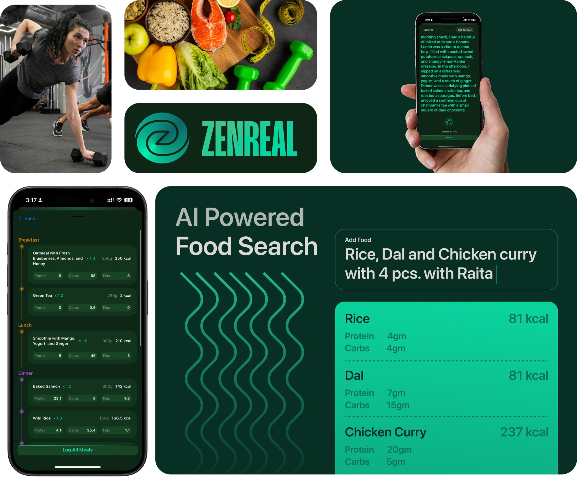 Zenreal AI-powered food search breaking a described meal into per-item nutrition