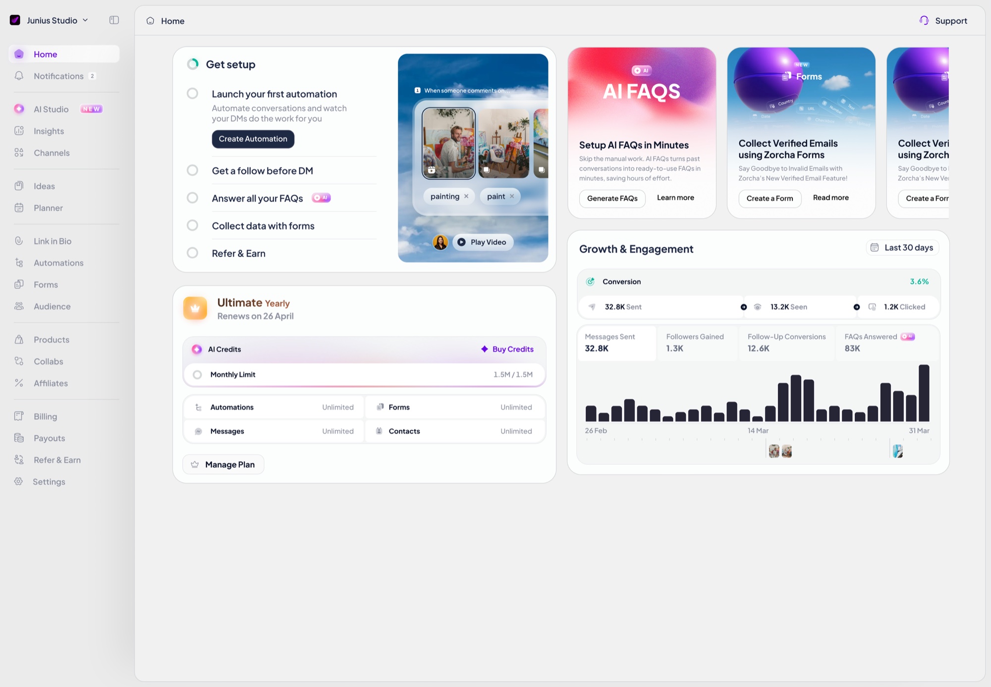 Zorcha creator dashboard — setup, plan usage, and growth analytics